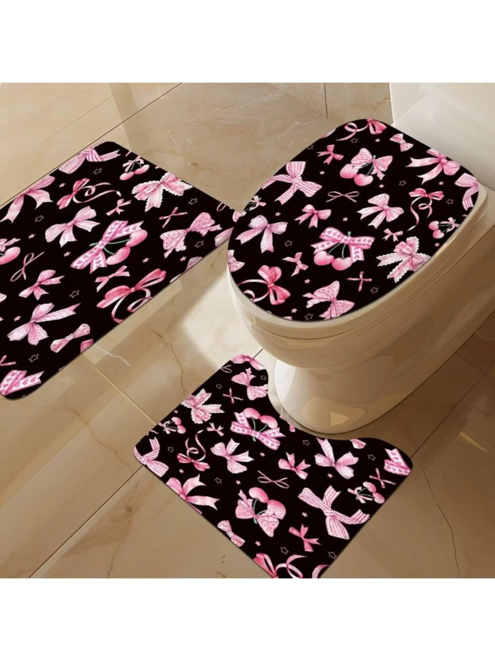 Cherry Bow Shower Curtain Set - 4 PCS Pink & Black Bathroom Decor, Rugs